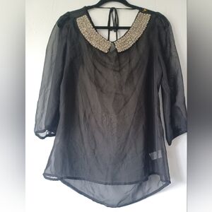 NWT Studio Y Black Sheer Blouse with Silver Embellished Collar